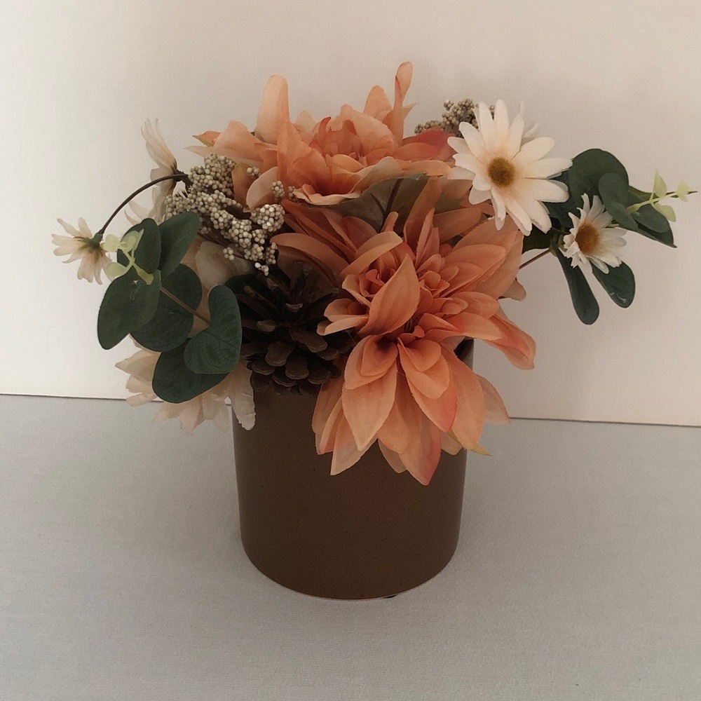 Peach & White Floral Arrangement in Brown Vase
